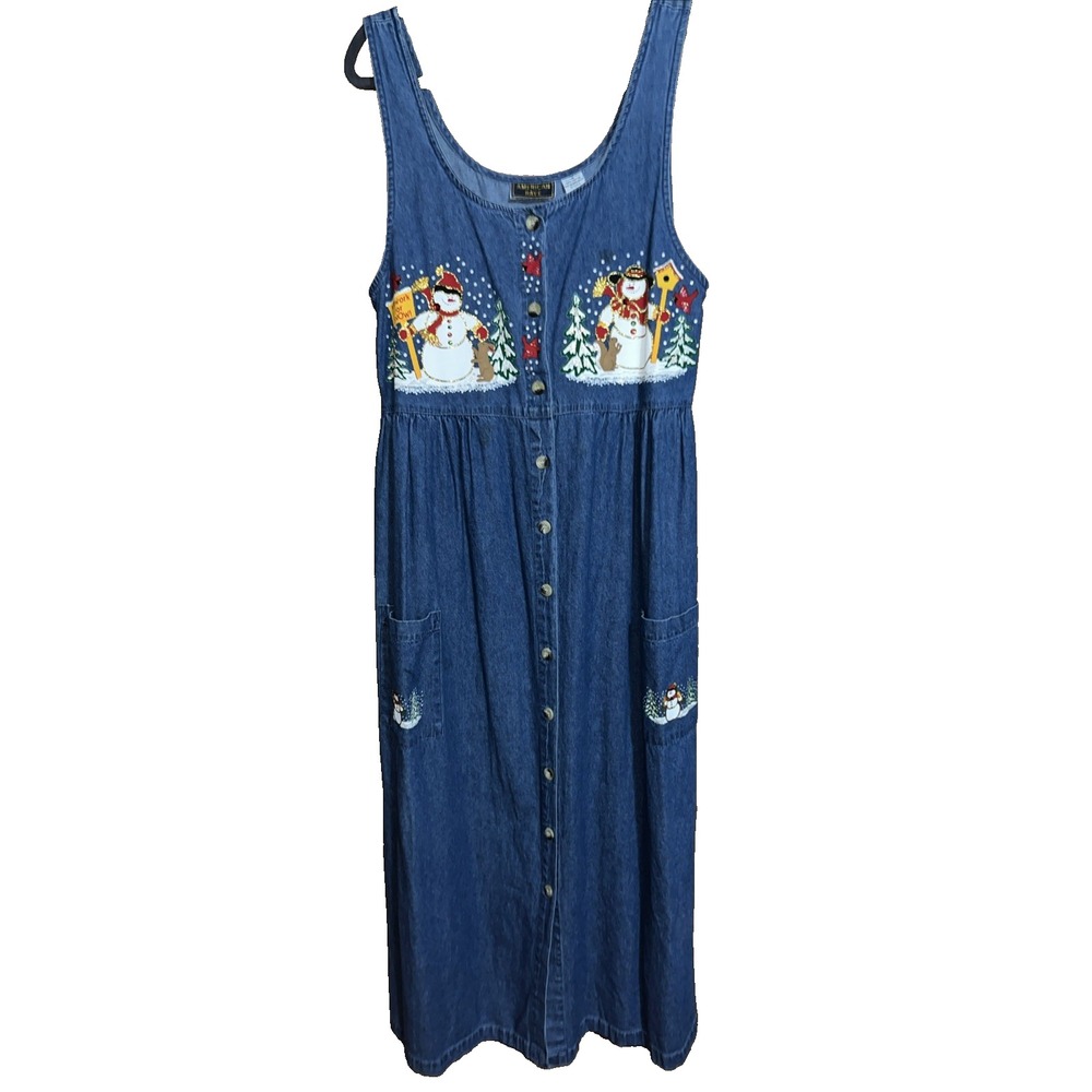 Vintage American Rave Snowman Cardinal Winter Denim Dress Jumper Medium
